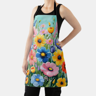 Watercolor Vibrant Spring Flowers Pattern Apron