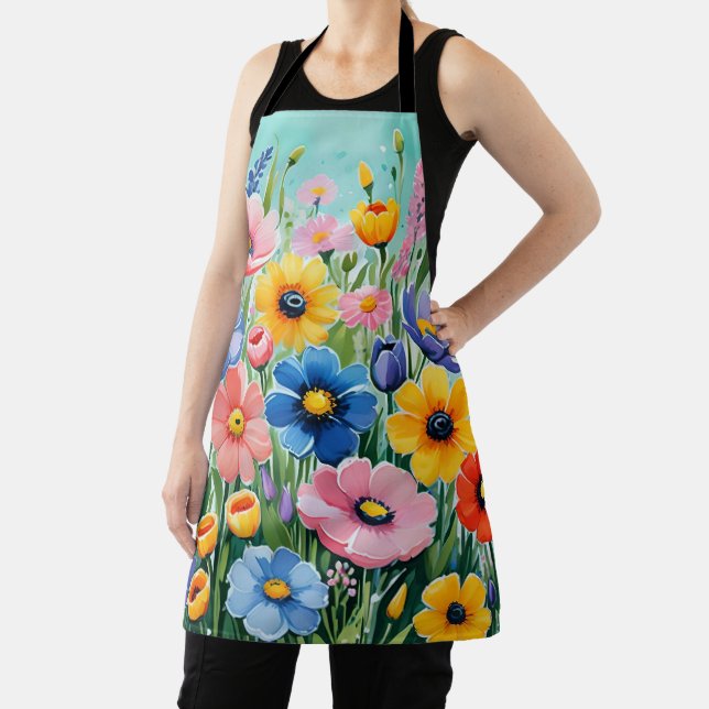 Watercolor Vibrant Spring Flowers Pattern Apron (Insitu)