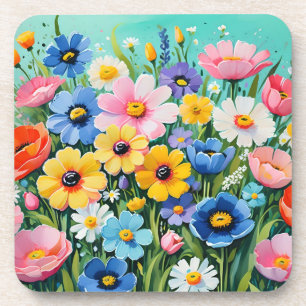 Watercolor Vibrant Spring Flowers Pattern Coaster