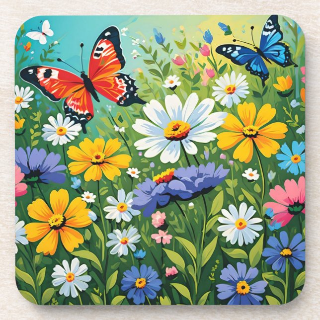 Watercolor Vibrant Spring Flowers Pattern Coaster (Front)