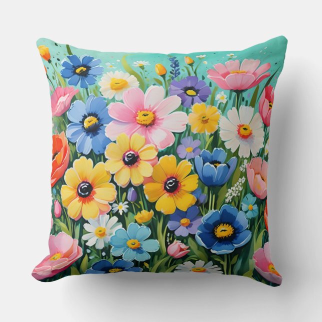 Watercolor Vibrant Spring Flowers Pattern Cushion (Front)