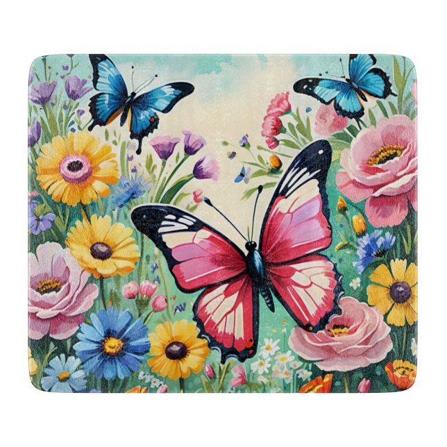 Watercolor Vibrant Spring Flowers Pattern Cutting Board (Front)