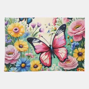 Watercolor Vibrant Spring Flowers Pattern Tea Towel