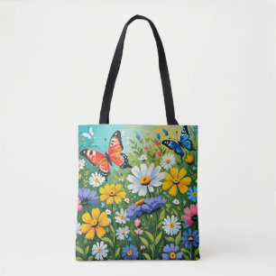 Watercolor Vibrant Spring Flowers Pattern Tote Bag