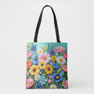 Watercolor Vibrant Spring Flowers Pattern Tote Bag