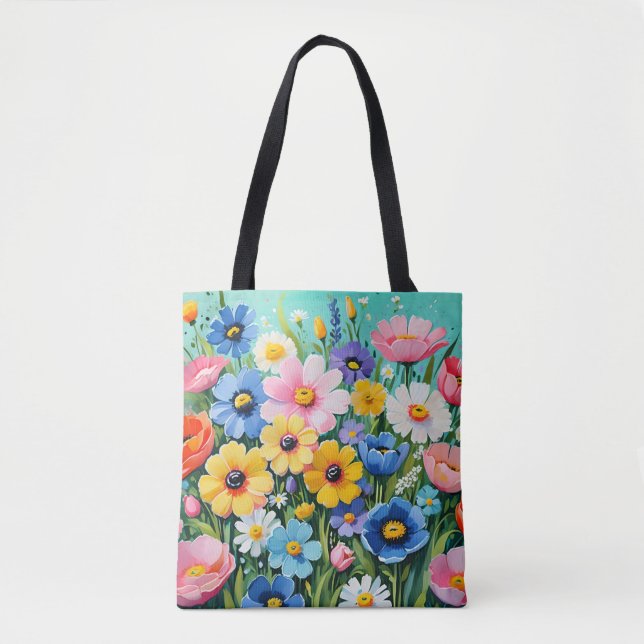 Watercolor Vibrant Spring Flowers Pattern Tote Bag (Front)