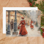 Watercolor Victorian Era Ladies in Red Holiday Postcard<br><div class="desc">Christmas holiday postcard featuring a vintage watercolor illustration of a bustling holiday Victorian scene with ladies in red shopping in a holiday decorated cityscape on a snowy day.</div>