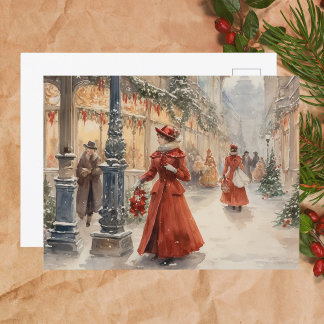 Watercolor Victorian Era Ladies in Red Holiday Postcard