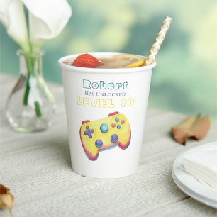 Watercolor Video Game Kids Birthday Paper Cups