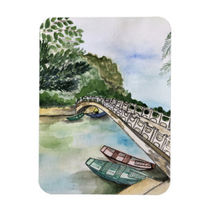 Watercolor, Vietnam, Ninh Binh Province landscape Magnet