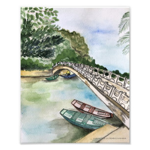 Watercolor, Vietnam, Ninh Binh Province landscape Photo Print