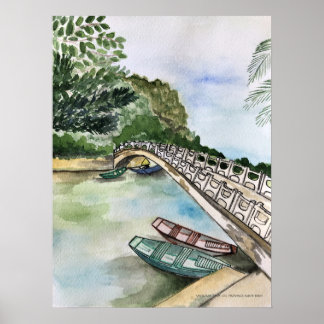 Watercolor, Vietnam, Ninh Binh Province landscape Poster