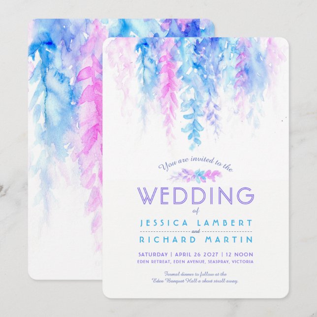 Watercolor vine blue purple wedding invitations (Front/Back)