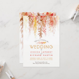 Watercolor vine brown orange red fall wedding invitation
