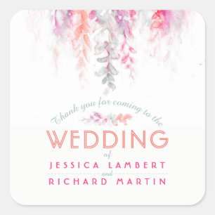 Watercolor vine coral pink wedding stickers