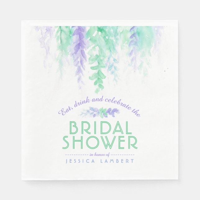 Watercolor vine floral purple green bridal shower napkin (Front)