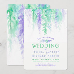 Watercolor vine green purple wedding invitations
