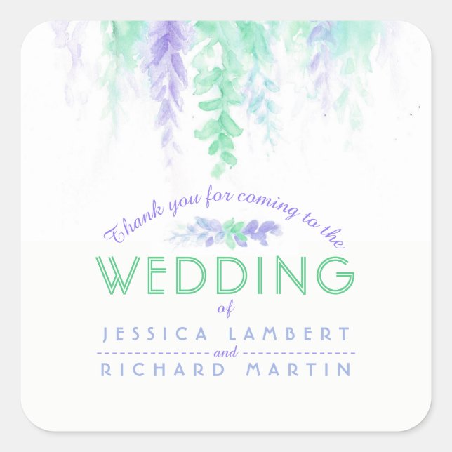 Watercolor vine green purple wedding stickers (Front)