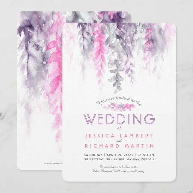 Watercolor vine pink purple grey wedding invitation (Front/Back)