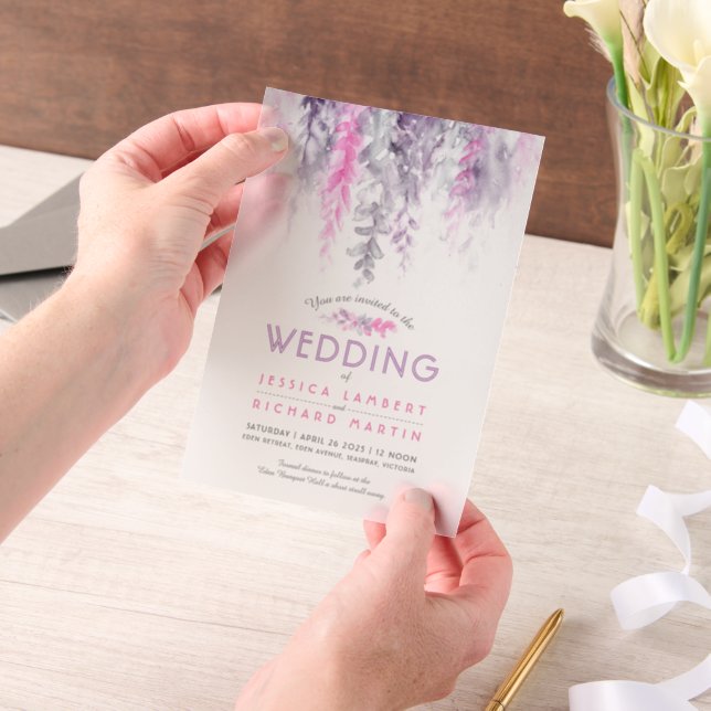 Watercolor vine pink purple grey wedding vellum invitations (Handheld)