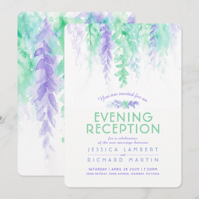 Watercolor vine purple green evening reception invitation (Front/Back)