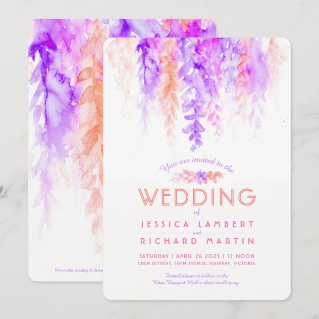 Watercolor vine purple orange wedding invitations (Front/Back)