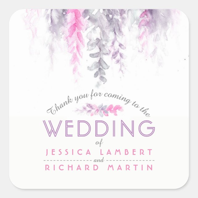 Watercolor vine purple pink wedding stickers (Front)