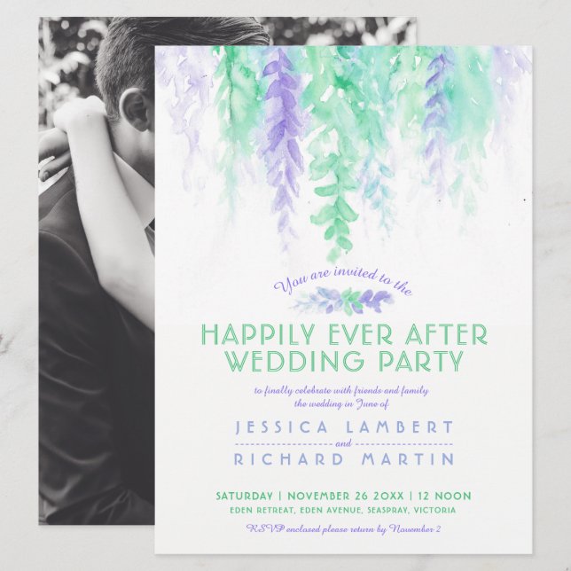 Watercolor vines blue green after wedding party invitation (Front/Back)