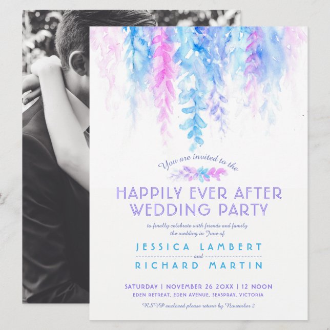Watercolor vines blue pink after wedding party invitation (Front/Back)