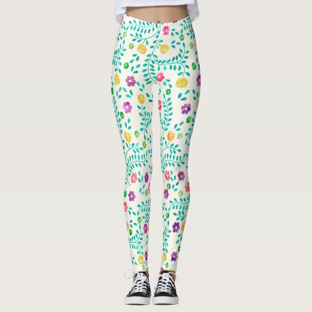 Watercolor Vines & Flowers Pattern Leggings (Front)