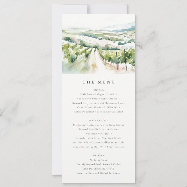 Watercolor Vineyard Landscape Wedding Menu Card (Front)