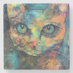 Watercolor Vintage Abstract Cat (10) Stone Coaster