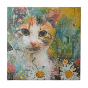 Watercolor Vintage Abstract Cat (3) Tile
