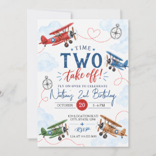 Watercolor Vintage Aeroplane Birthday Party Invitation