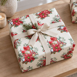 Watercolor Vintage Art Red Christmas Poinsettia Wrapping Paper
