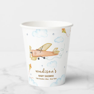 Watercolor Vintage Aviator Airplane Baby Shower Paper Cups
