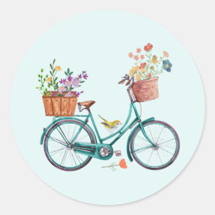 Watercolor Vintage Bicycle with Flower Baskets  Classic Round Sticker