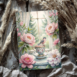 Watercolor vintage bird blush pink peonies window tissue paper