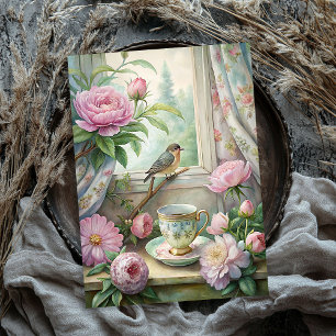 Watercolor vintage bird blush pink peonies window tissue paper