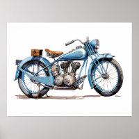 Watercolor Vintage Blue Classic Motorcycle