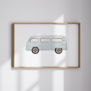 Watercolor vintage blue mini van poster