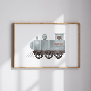 Watercolor vintage blue train nursery poster