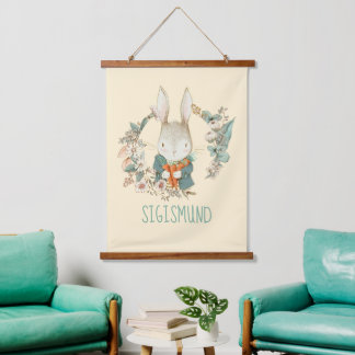 Watercolor Vintage  Bunny  Personalized Hanging Tapestry