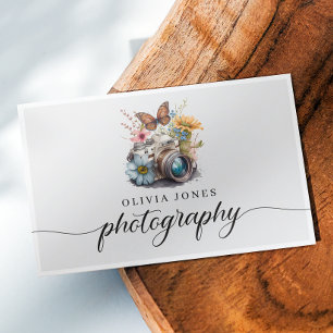 Watercolor Vintage Camera & Flowers Photography Business Card