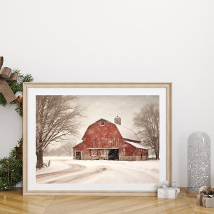 Watercolor Vintage Christmas Barn in Snow Wall Art