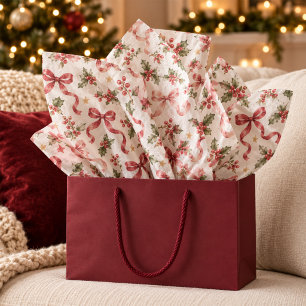 Watercolor Vintage Christmas Holly Pink Red Bows Tissue Paper