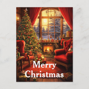 Watercolor Vintage Christmas Interior Scene Holiday Postcard