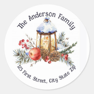 Watercolor Vintage Christmas Lantern Fruit Greens Classic Round Sticker