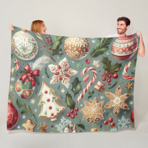 Watercolor Vintage Christmas Motifs Holiday Fleece Blanket