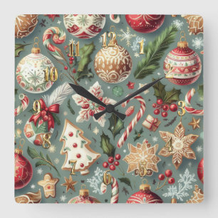 Watercolor Vintage Christmas Motifs Holiday Square Wall Clock